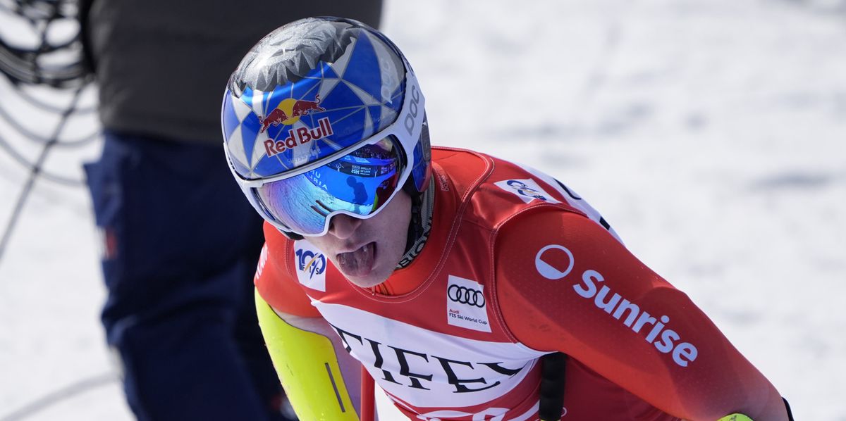 Switzerland's Marco Odermatt reacts after finishing his second run in a men's World Cup giant slalom skiing race, Saturday, March 2, 2024, in Aspen, Colo. (AP Photo/Robert F. Bukaty)
Marco Odermatt