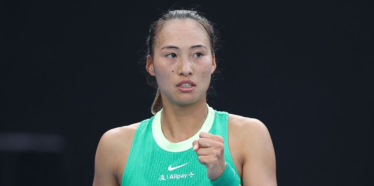 MELBOURNE, AUSTRALIA - JANUARY 16: Qinwen Zheng of China reacts in their round one singles match against Ashlyn Krueger of the United States  during the 2024 Australian Open at Melbourne Park on January 16, 2024 in Melbourne, Australia. (Photo by Daniel Pockett/Getty Images)