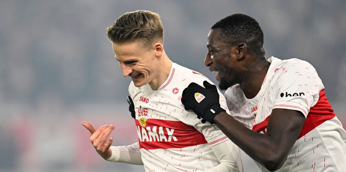 Stuttgart's German midfielder #27 Chris Fuehrich (L) celebrates scoring his team's second goal with Stuttgart's Guinean forward #09 Serhou Guirassy during the German first division Bundesliga football match between VfB Stuttgart and 1 FC Union Berlin in Stuttgart, southwestern Germany on March 8, 2024. (Photo by THOMAS KIENZLE / AFP) / DFL REGULATIONS PROHIBIT ANY USE OF PHOTOGRAPHS AS IMAGE SEQUENCES AND/OR QUASI-VIDEO