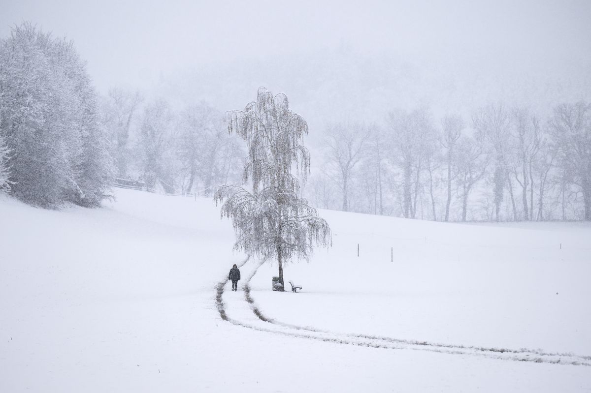 Eine Frau spaziert durch die Schneelandschaft, am Samstag, 2. Dezember 2023, in Uetendorf. Ein Tiefdruckgebiet beschert Schnee bis in die Niederungen. (KEYSTONE/Peter Schneider)