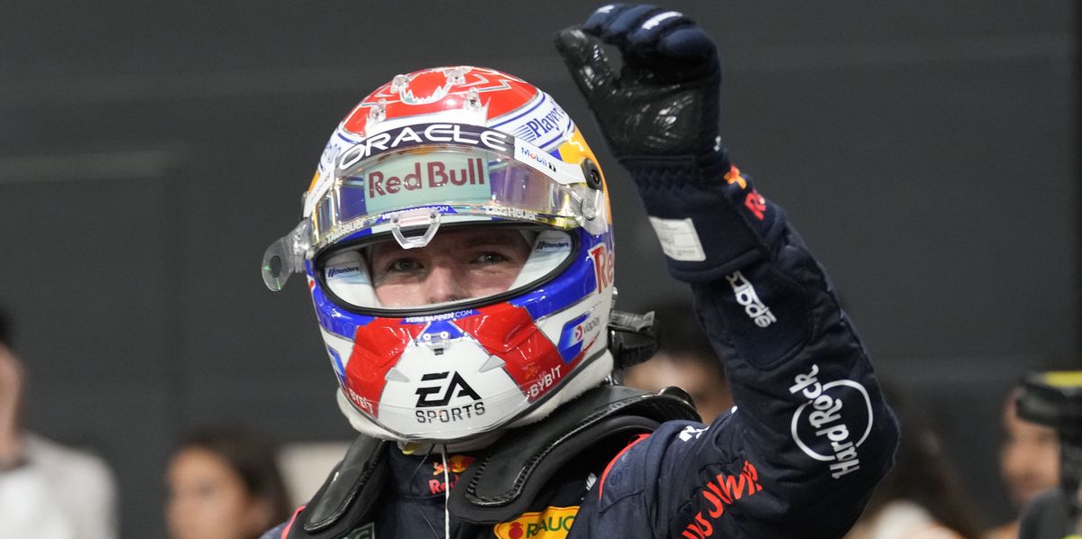 Red Bull driver Max Verstappen of the Netherlands celebrates after setting the pole position in the qualifying session ahead of the Formula One Saudi Arabian Grand Prix at the Jeddah Corniche Circuit in Jeddah, Saudi Arabia, Friday, March 8, 2024. Saudi Arabian Grand Prix will be held on Saturday, March 9, 2024. (AP Photo/Darko Bandic)
