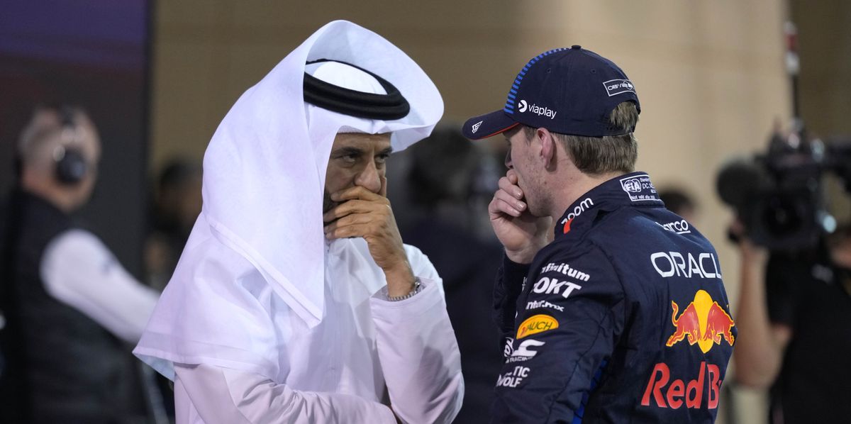 Red Bull driver Max Verstappen of the Netherlands, center, who qualified for pole position, speaks with FIA President Mohammed Ben Sulayem after qualification ahead of the Formula One Bahrain Grand Prix at the Bahrain International Circuit in Sakhir, Bahrain, Friday, March 1, 2024. (AP Photo/Darko Bandic)