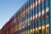 Coloured glass fins provide some privacy within the labs.