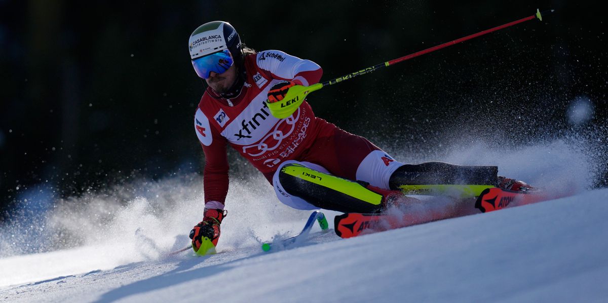 Austria's Manuel Feller competes during a men's World Cup slalom skiing race Sunday, Feb. 25, 2024, in Olympic Valley, Calif. (AP Photo/John Locher)