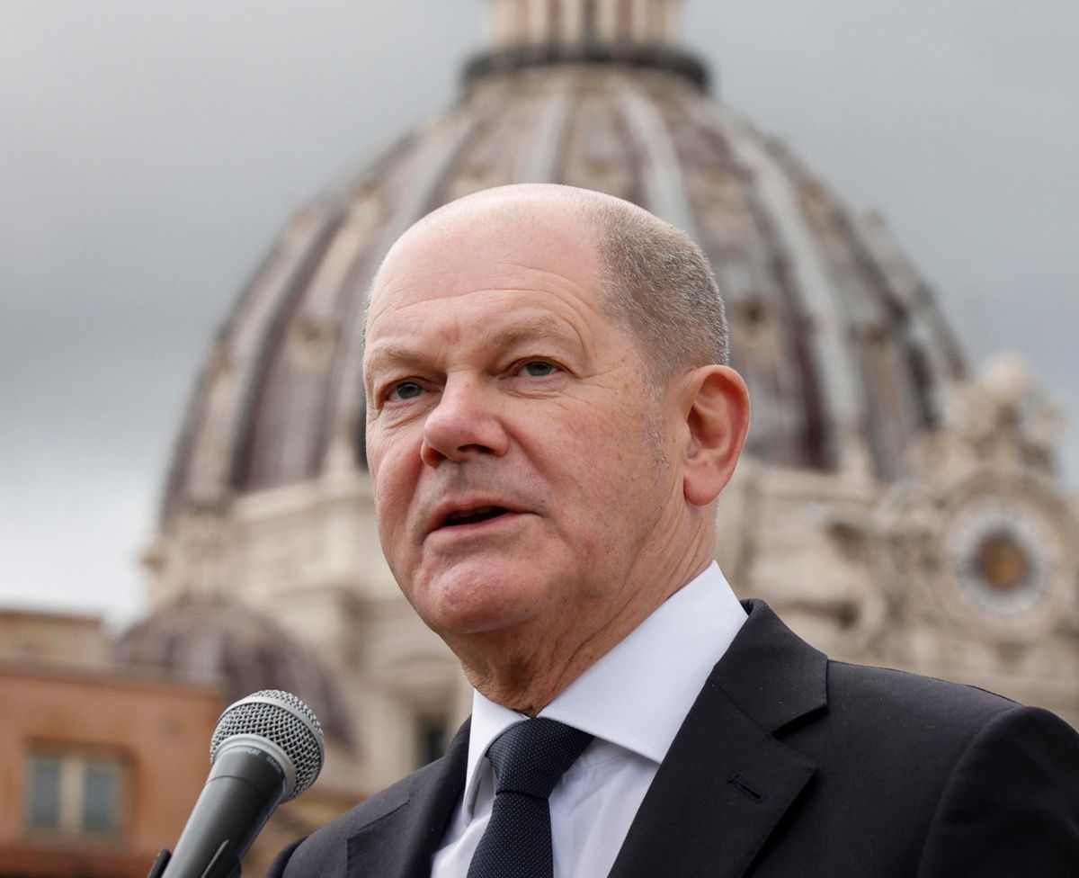 epa11193441 German Chancellor Olaf Scholz speaks to the media at the Paolo VI hotel on the occasion of his meeting with Pope Francis (not pictured), in Rome, Italy, 02 March 2024. The German Chancellor is on an official visit to Rome. Scholz was scheduled to meet Pope Francis on 02 March for his first private audience with the Pope.  EPA/GIUSEPPE LAMI