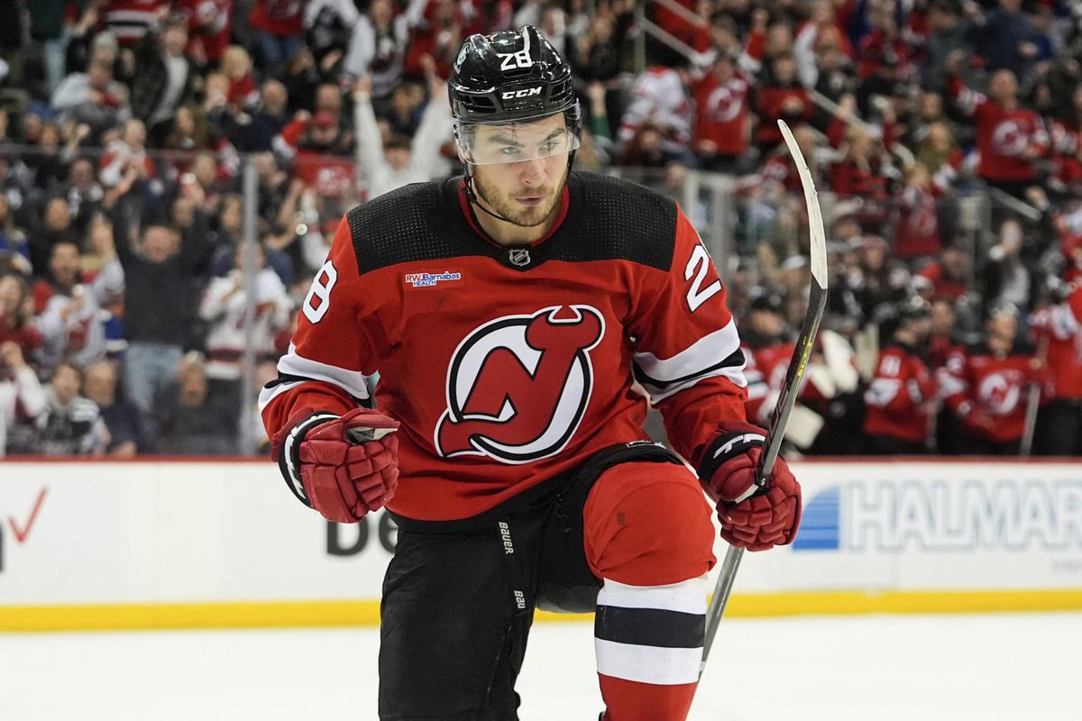 New Jersey Devils' Timo Meier (28) celebrates after scoring his third goal against the St. Louis Blues, during the second period of an NHL hockey game Thursday, March 7, 2024, in Newark, N.J. (AP Photo/Frank Franklin II)