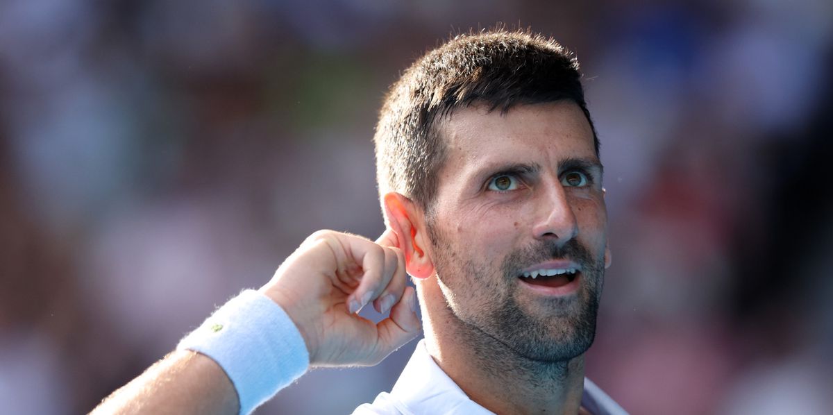 MELBOURNE, AUSTRALIA - JANUARY 23: Novak Djokovic of Serbia celebrates winning the first set during their quarterfinals singles match against Taylor Fritz of the United States during the 2024 Australian Open at Melbourne Park on January 23, 2024 in Melbourne, Australia. (Photo by Daniel Pockett/Getty Images)