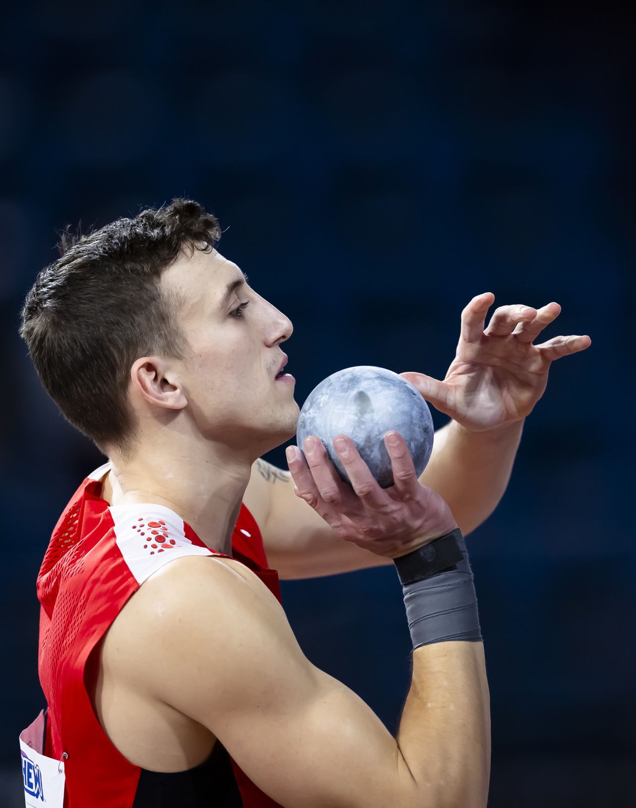 Simon Ehammer of Switzerland competes in the men's heptathlon shot put event at the World Athletics Indoor Championships at the Emirates Arena in Glasgow, Scotland, on Saturday, March 2, 2024. (KEYSTONE/Michael Buholzer)