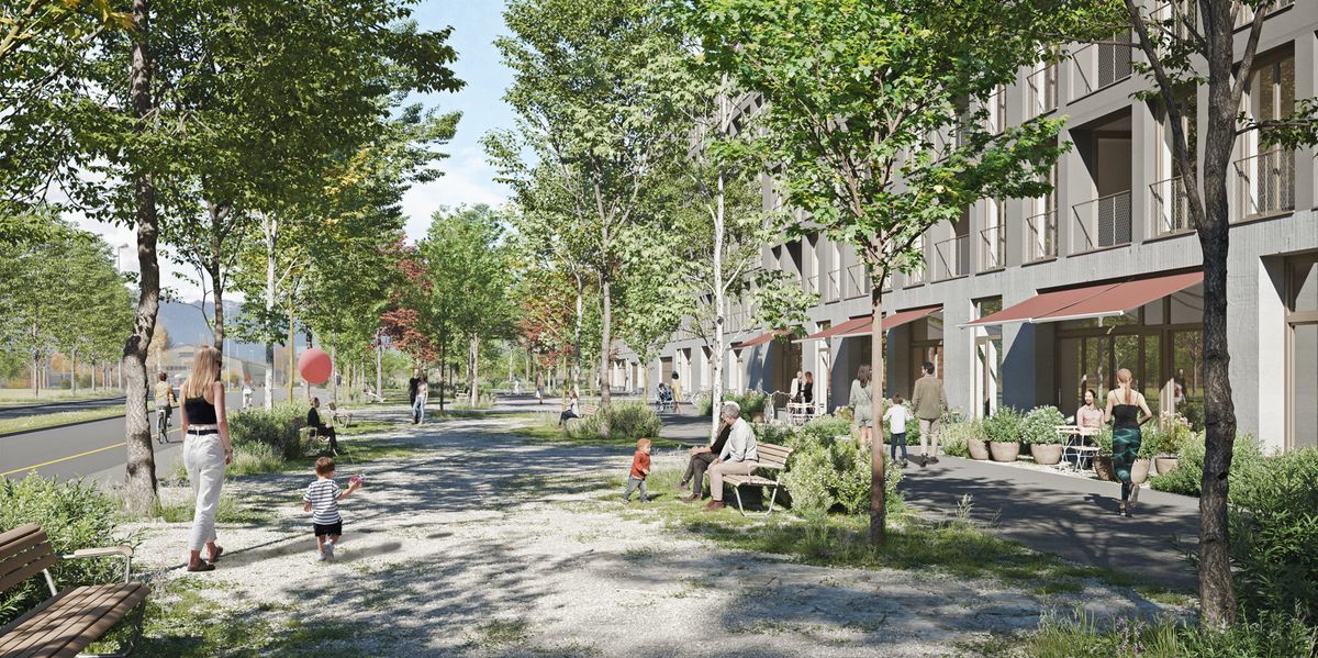 Visualisierung des Boulevards des Siegerprojekts der Wohnüberbauung Siegenthalergut in Thun.