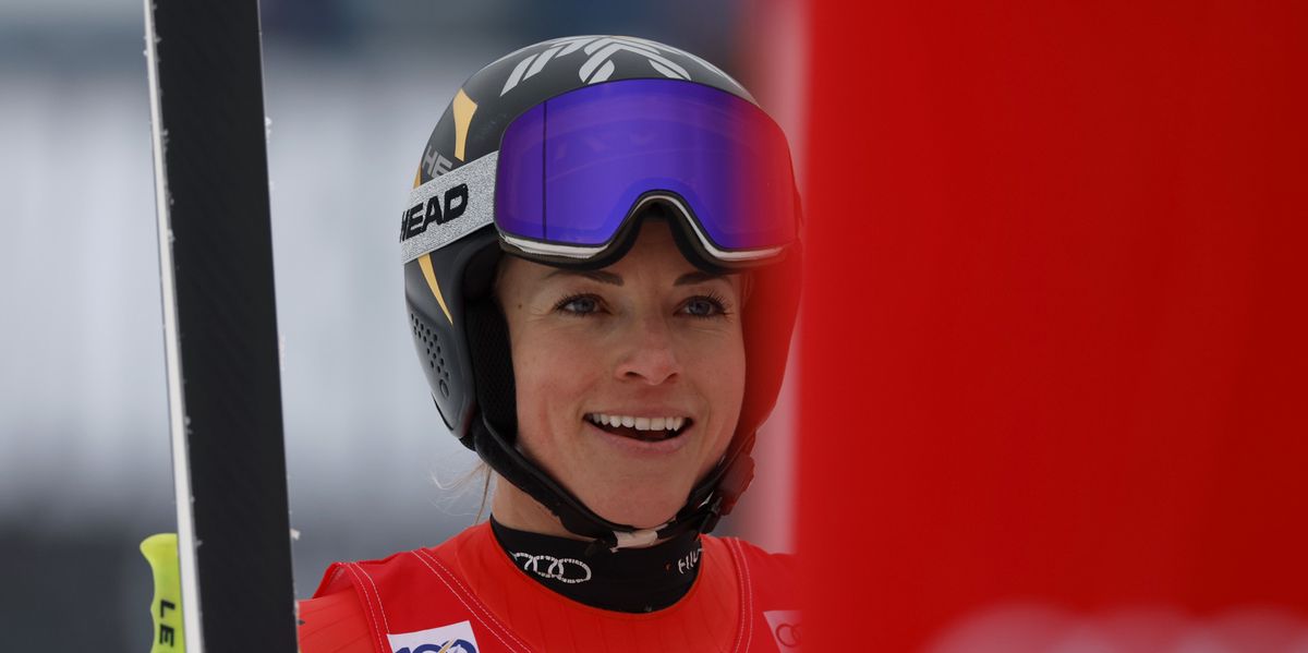 Switzerland's Lara Gut Behrami celebrates at the finish area of an alpine ski, women's World Cup super-G race, in Kvitfjell, Norway, Saturday, March 2, 2024. (AP Photo/Alessandro Trovati)