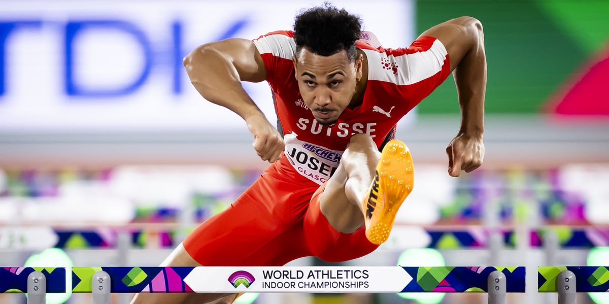 Jason Joseph of Switzerland competes in a men's 60 meters hurdles heat at the World Athletics Indoor Championships at the Emirates Arena in Glasgow, Scotland, on Saturday, March 2, 2024. (KEYSTONE/Michael Buholzer)