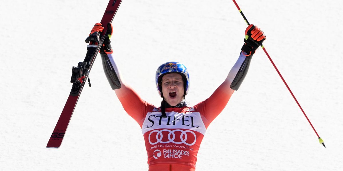 Marco Odermatt, of Switzerland, celebrates his victory in men's World Cup giant slalom skiing race Saturday, Feb. 24, 2024, at Palisades Tahoe ski resort in Lake Tahoe, Calif. (AP Photo/Robert F. Bukaty)