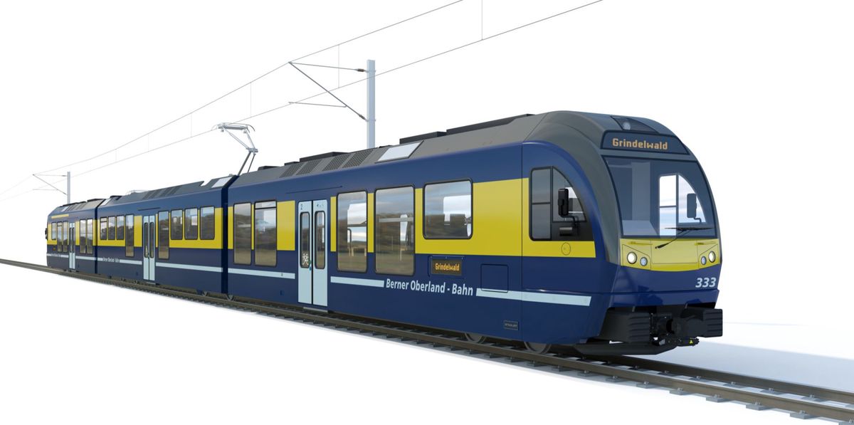 Auch die neuen Züge der Berner-Oberland Bahnen AG sind in den Farben blau und gelb gehalten.