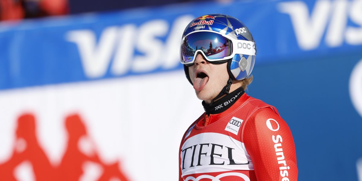 PALISADES TAHOE, USA - FEBRUARY 24: Marco Odermatt of Team Switzerland celebrates during the Audi FIS Alpine Ski World Cup Men's Giant Slalom on February 24, 2024 in Palisades Tahoe, USA. (Photo by Alexis Boichard/Agence Zoom/Getty Images)